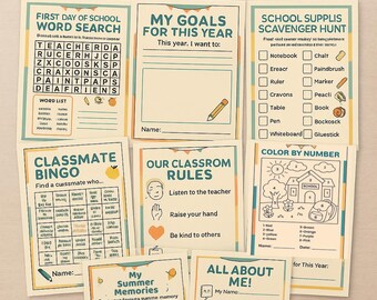 新学期最初の週のアクティビティバンドル：印刷可能なゲームとワークシート（編集可能なPDF、8ページ）
