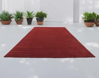 Rood handgeweven wollen vloerkleed | Minimalistisch massief vloerkleed | Modern platgeweven tapijt voor woonkamer, slaapkamerinrichting
