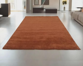 Rust Orange Handwoven Wool Rug | Modern Solid Area Rug | Minimalist Terracotta Carpet for Living Room Bedroom Decor