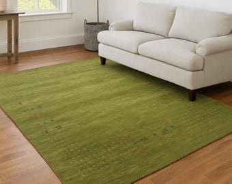 Handmade Green Wool Gabbeh Rug: Minimalist Geometric Animal Design