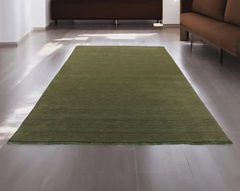 Solid Olive Green Handwoven Wool Rug | Minimal Modern Area Rug | Natural Flatweave Carpet for Living Room Bedroom Decor