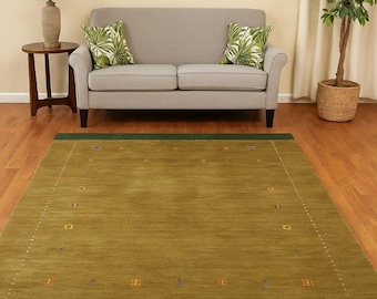 Hand-Knotted Olive Green Wool Rug: Minimalist Animal Motif Tribal Design