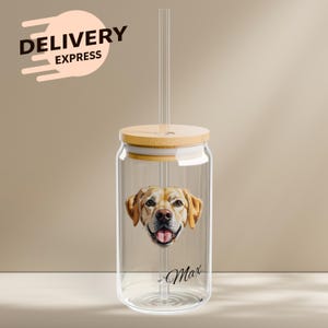 Custom Pet Photo Beer Can Glass with Bamboo Lid Dog Mom Mug  Gift for Dog Lover Iced Coffee Cup Personalized Pet Portrait Glass  Pet Gift