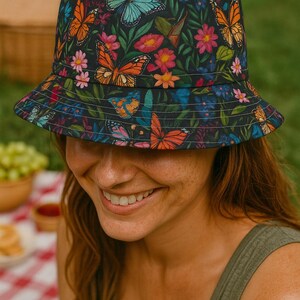 Floral Butterfly Bucket Hat, Summer Fashion Accessory, Bohemian Outdoor Hat, Beach Hat, Gift for Nature Lovers