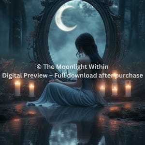 Witch Mirror Portal Digital Print – Enchanted Fantasy Wall Art, Mystical Reflection Under Moonlight