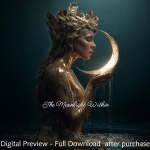 Golden Moon Goddess Art Print – Ethereal Woman in Gold Holding Crescent Moon, Mystical Fantasy Wall Decor for Witchy Home Aesthetic