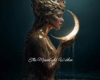 Goldene Mondgöttin Art Print – Ätherische Frau in Gold, die den Halbmond hält, mystische Fantasy-Wanddekoration für ein magisches Zuhause
