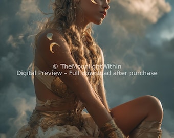 Celestial Moon Goddess Print – Divine Feminine Fantasy Art, Ethereal Clouds, Moon Phase Wall Decor, Digital Instant Download