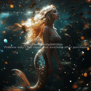 Emocjonalna głębia Syrena Wydruk – Eteryczna Bogini Oceanu Cyfrowa Sztuka Ścienna – Fantastyczna Sztuka Podwodna – Dekoracja Sezonu Raka
