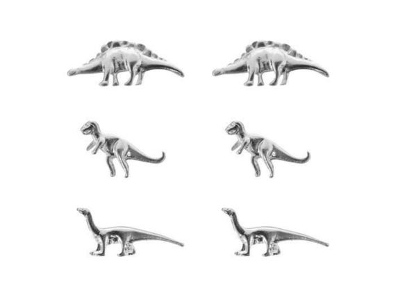 Silver Dinosaur Stud Earrings Set: T-Rex, Stegosa… - image 1