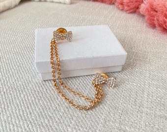 Diamond Bow Collar Pin: Gold Plated Sweater Clip, Cardigan Clasp