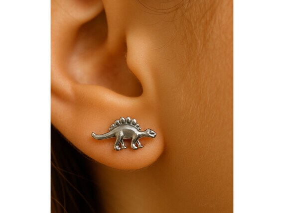 Silver Dinosaur Stud Earrings Set: T-Rex, Stegosa… - image 3