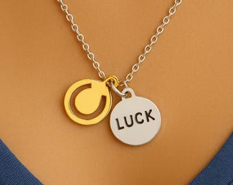 Lucky Pendant Necklace – Two-Tone Charm Necklace – “Luck” Stamped Pendant – Meaningful Gift – Minimalist Jewelry