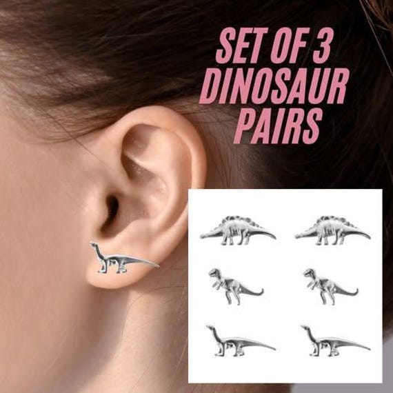 Silver Dinosaur Stud Earrings Set: T-Rex, Stegosa… - image 7