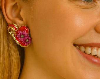 Red Society Clip-On Earrings – Bright Red & Gold Statement Jewelry with Purple Floral Accents