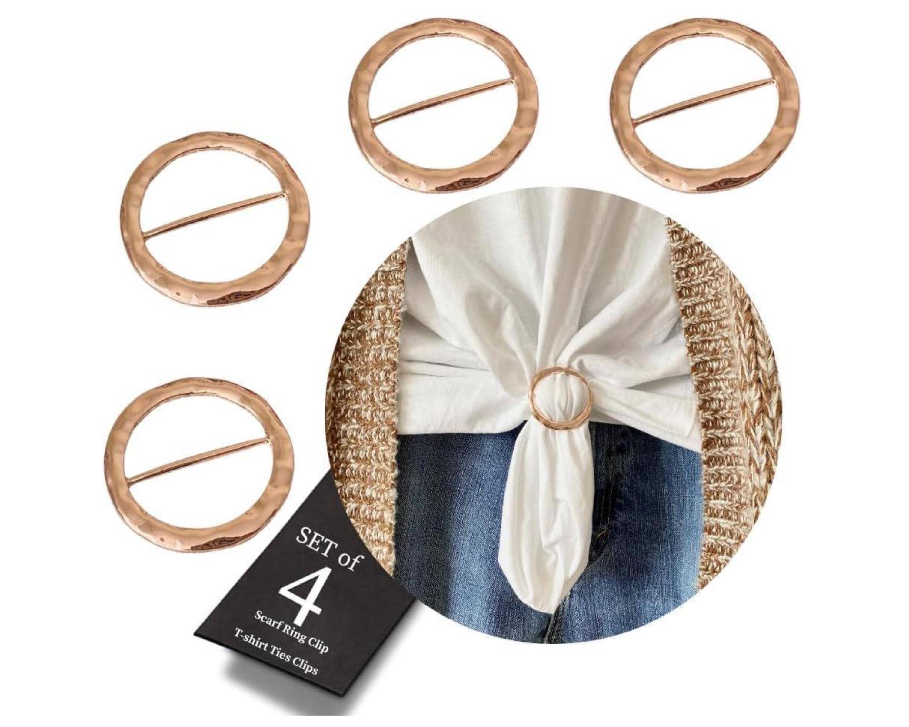 Set of 4 Gold-Toned Round Scarf Rings - Hammered Metal T-Shirt Tie / Scarf Clips