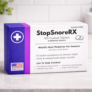 May include: A white and purple box of StopSnoreRX, a medicine for snorers. The box features the text "StopSnoreRX", "120 Coated Tablets", and "4 Months Supply". It also includes the American flag and the words "MADE IN USA".