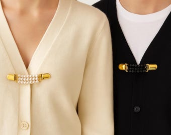 Sweater Clips -NEW- Set of 2 Cardigan Brooch- Dress Cinch Pin- White and Black