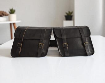 Handmade Black Leather Motorcycle Saddlebags - 3-Piece Pouch Set With Panniers & Tool Bag