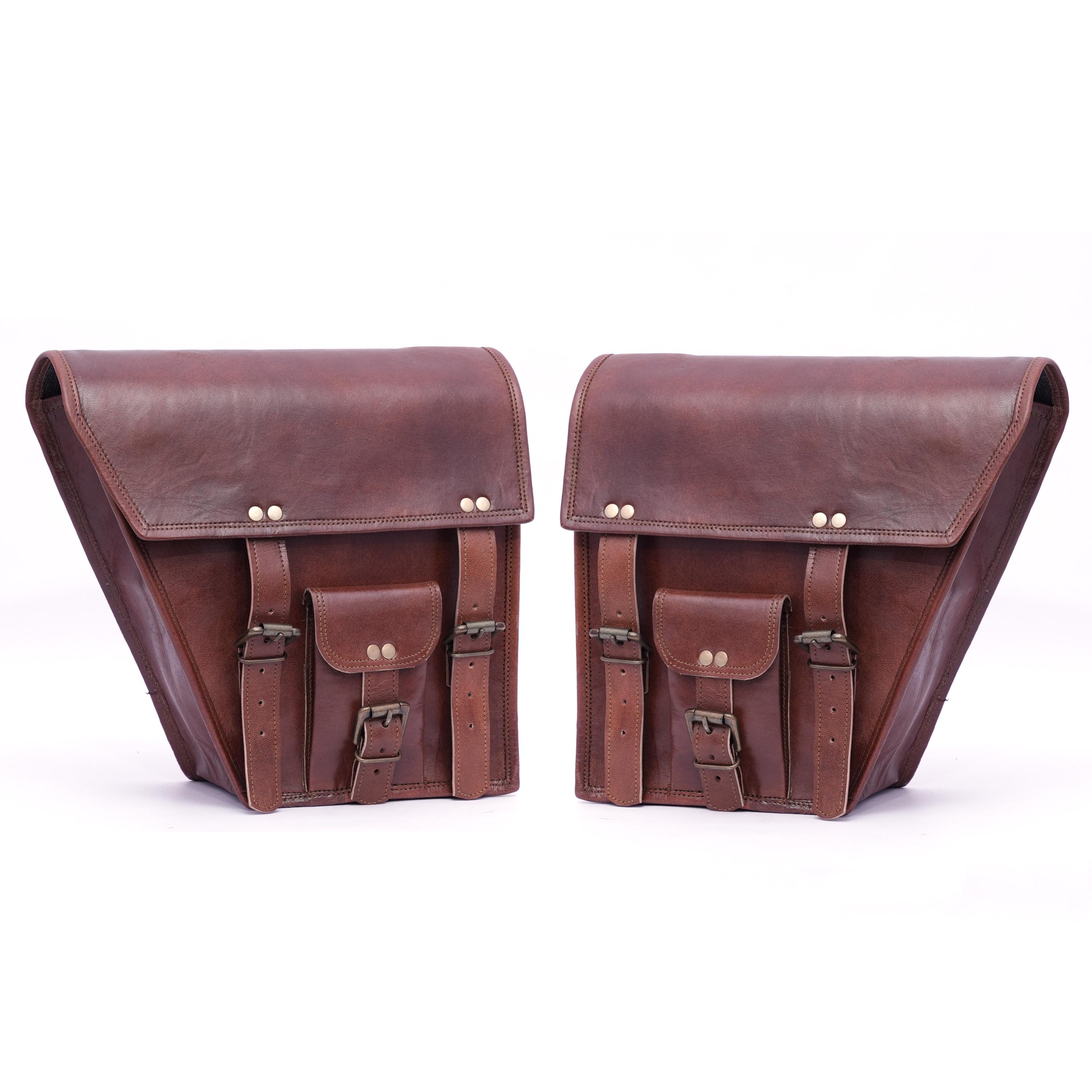 Leather Motorcycle Saddle Bag Set: Swing Arm Tool Luggage - Brown/Black/Tan