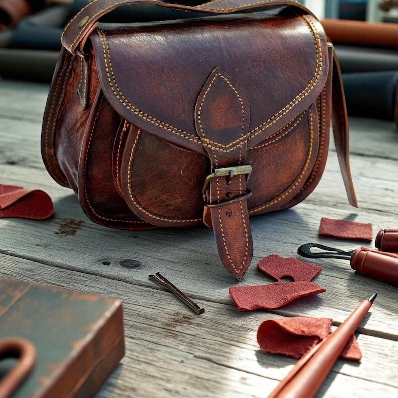 May include: A brown leather satchel with a buckle fastening and a shoulder strap. The bag features decorative stitching and is surrounded by leather crafting tools and materials, including small leather pieces and a pen.
