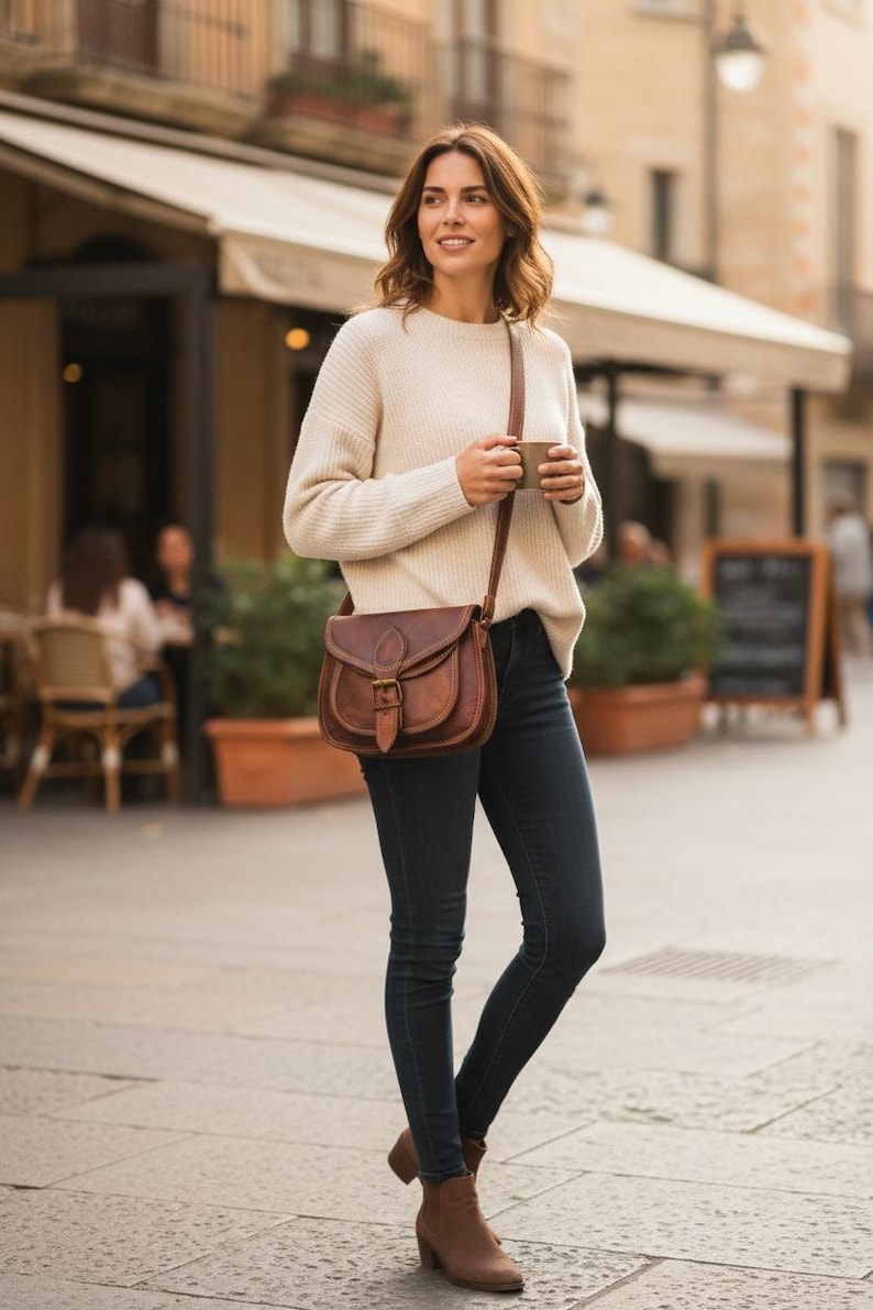 May include: A person wearing a cream-coloured jumper, dark blue jeans, and brown ankle boots. They carry a brown leather crossbody bag with a buckle closure. They are holding a cup, possibly coffee, in a city setting.