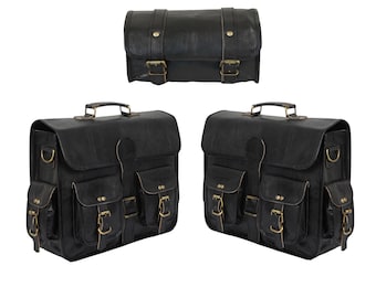 Leather Motorcycle Saddlebags, Tool Bag, Handlebar Bag, Set of 2