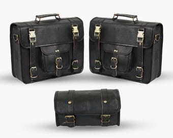 Leather Motorcycle Saddlebag Set: Brown Biker Side Bags with Tool Bag