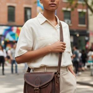 May include: A dark brown leather satchel bag with a buckle fastening and a long strap. The bag is worn over a cream shirt and trousers. The bag features visible stitching and a flap closure. The background shows a city street with buildings.