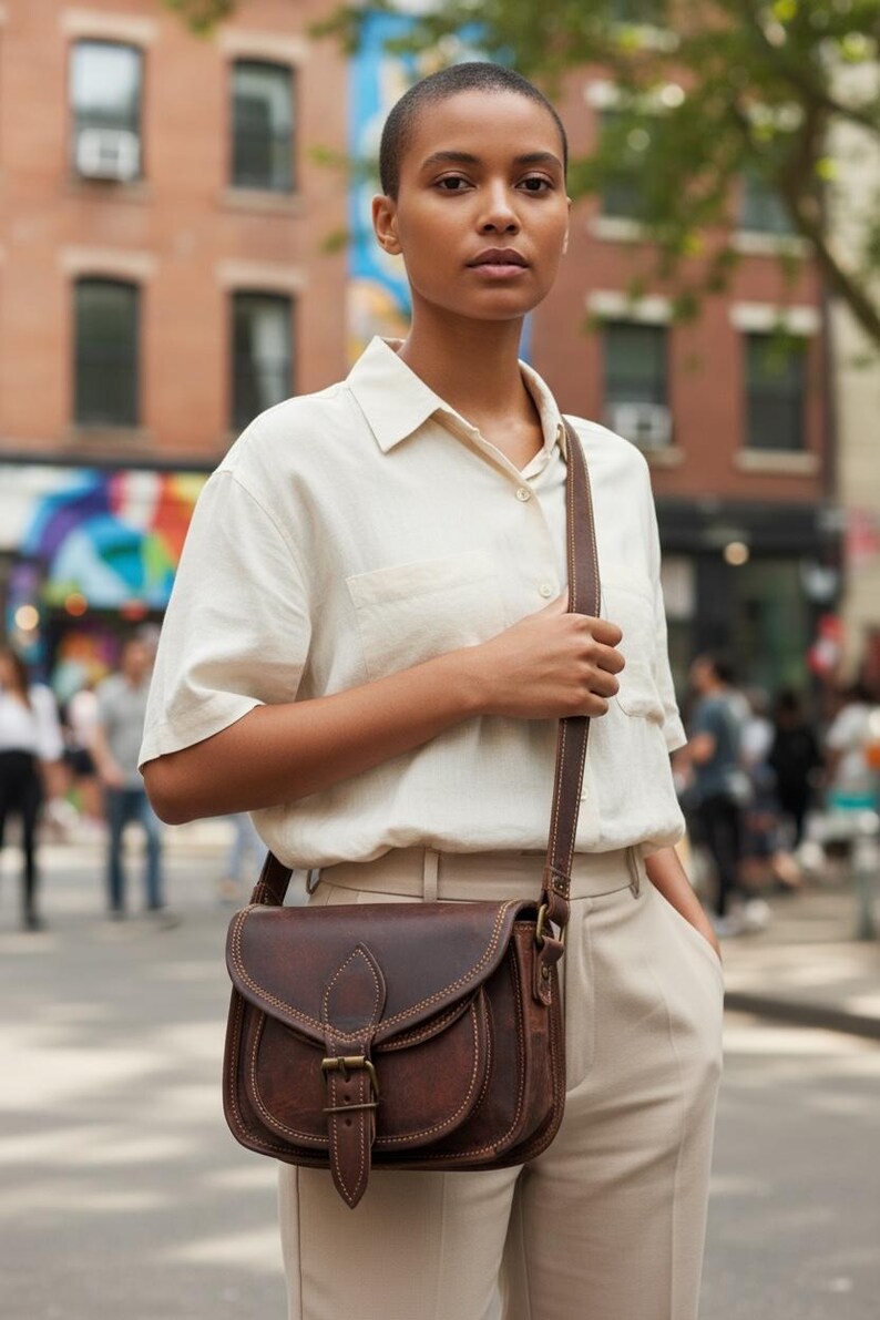 May include: A dark brown leather satchel bag with a buckle fastening and a long strap. The bag is worn over a cream shirt and trousers. The bag features visible stitching and a flap closure. The background shows a city street with buildings.