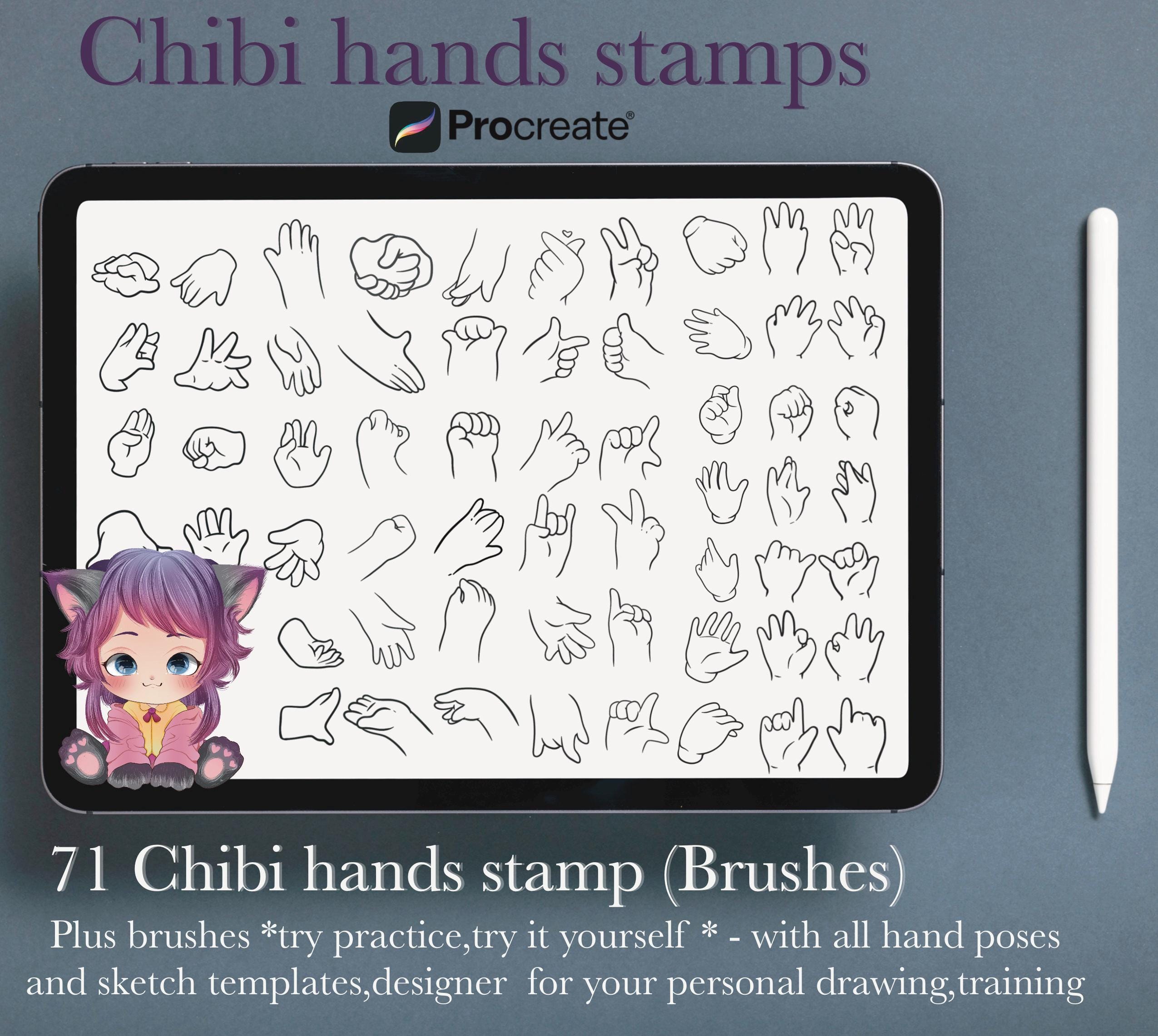 Sellos de manos Chibi y Niños para Procreate – 81 pinceles + 81 PNG, guía de dibujo y bocetos de práctica