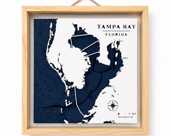 Mapa batimétrico de la bahía de Tampa / Carta náutica en relieve 3D para pared, enmarcada en madera / Datos de profundidad reales / Decoración costera de St. Pete, Florida / Regalo para navegantes
