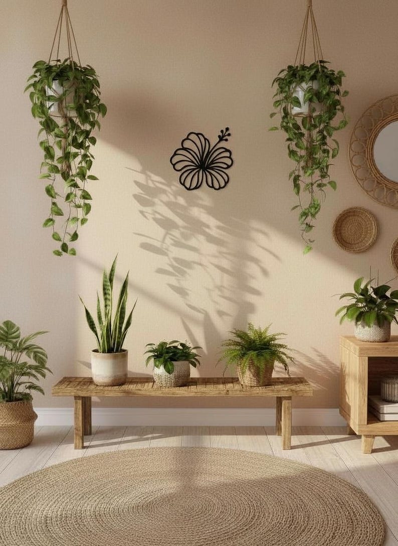 May include: A room with a neutral color palette, featuring various plants and decor. Two hanging plants in white pots flank a black hibiscus wall art. A wooden bench holds potted plants, and a round jute rug sits on the floor.