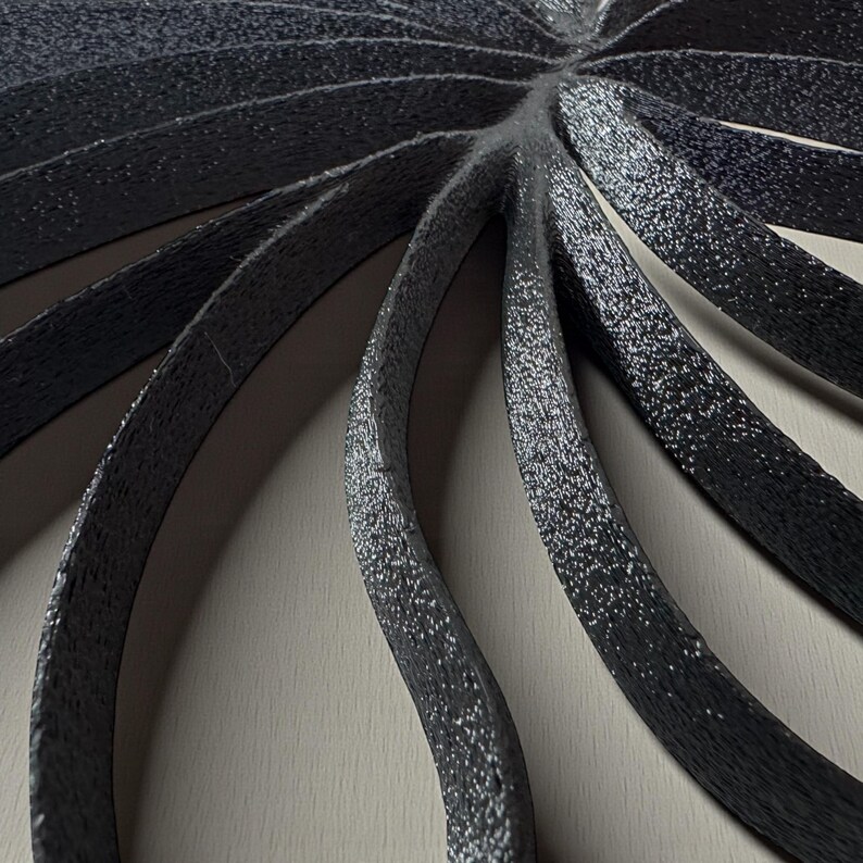 May include: Close-up of a dark gray, textured, leaf-shaped object. The object has multiple curved, ribbon-like segments radiating from a central point. The surface has a speckled appearance, with small white dots. The background is a light gray.