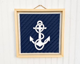 Cuadro decorativo de ancla / Relieve 3D, decoración náutica, marco de madera / Arte costero azul marino para casa de playa / Ancla de cuerda, decoración para casa de lago, barco o regalo