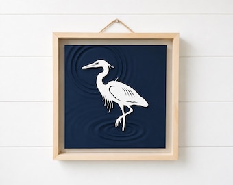 Cuadro de garza / Decoración de aves costeras en relieve 3D con marco de madera / Garza azul marino para casa de playa o lago / Regalo de arte náutico de aves costeras hecho a mano