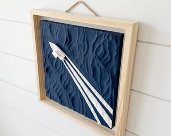 Framed Boat Wake Wall Art | 12x12 Coastal Nautical Decor, Wood-Style Frame
