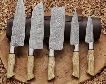 Hand Made Damascus Chef Knife Set With Leather Roll , Gift for Him / Beloved One