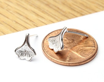 Sterling Silver 925 Ginkgo Leaf Earrings, Tiny Stud Earrings