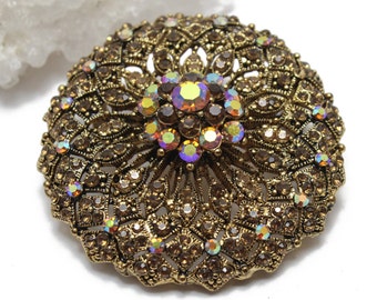 Round Antique Gold Filigree Brooch with Aurora Borealis Swarovski Crystals