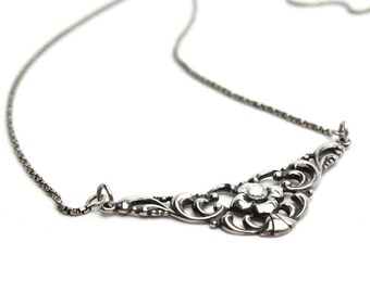 Sterling Silver Floral Crystal Pendant Necklace Filigree Necklace 17"