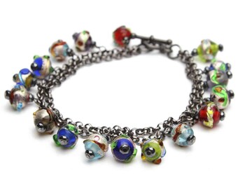 Venetian Murano Glass Charm Bracelet with Assorted Colors and Genuine Hematite