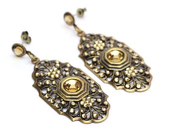 Large Gold Dangle Earrings, with Gold Swarovski Crystals