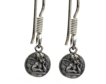 Sterling Silver Vintage Cherub Charm Dangle Earrings