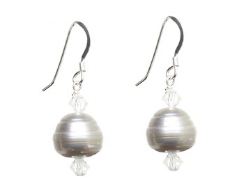 Sterling Silver 925 Earrings with Grey Freshwater Potato Pearls and Swarovski Crystals, Excellent for Weddings!!