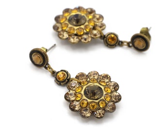 Floral Cluster Earrings of Topaz Swarovski Crystals Dangle Drop