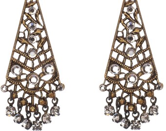 Chandelier Earrings with Clear Diamond Swarovski Crystals in Antique Gold