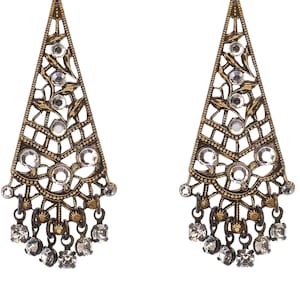 Chandelier Earrings with Clear Diamond Swarovski Crystals in Antique Gold image 1