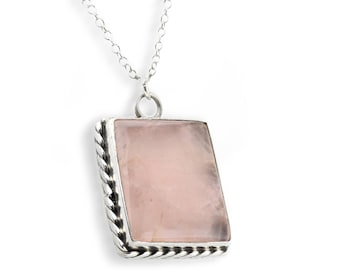 Sterling Silver Bezel Set Square Genuine Polished Rose Quartz Stone