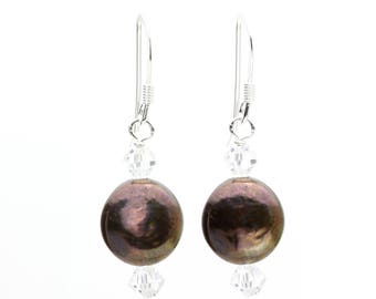 Sterling Silver 925 Earrings with Brown Freshwater Coin Pearls and Swarovski Crystals, Excellent for Weddings!!